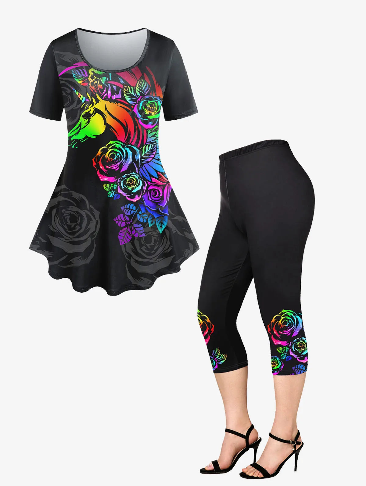 Plus Size 3D Print Tee and Capri Leggings Matching Set for Women Butterfly Floral Pattern Outfits OverSize Graphic Cloth