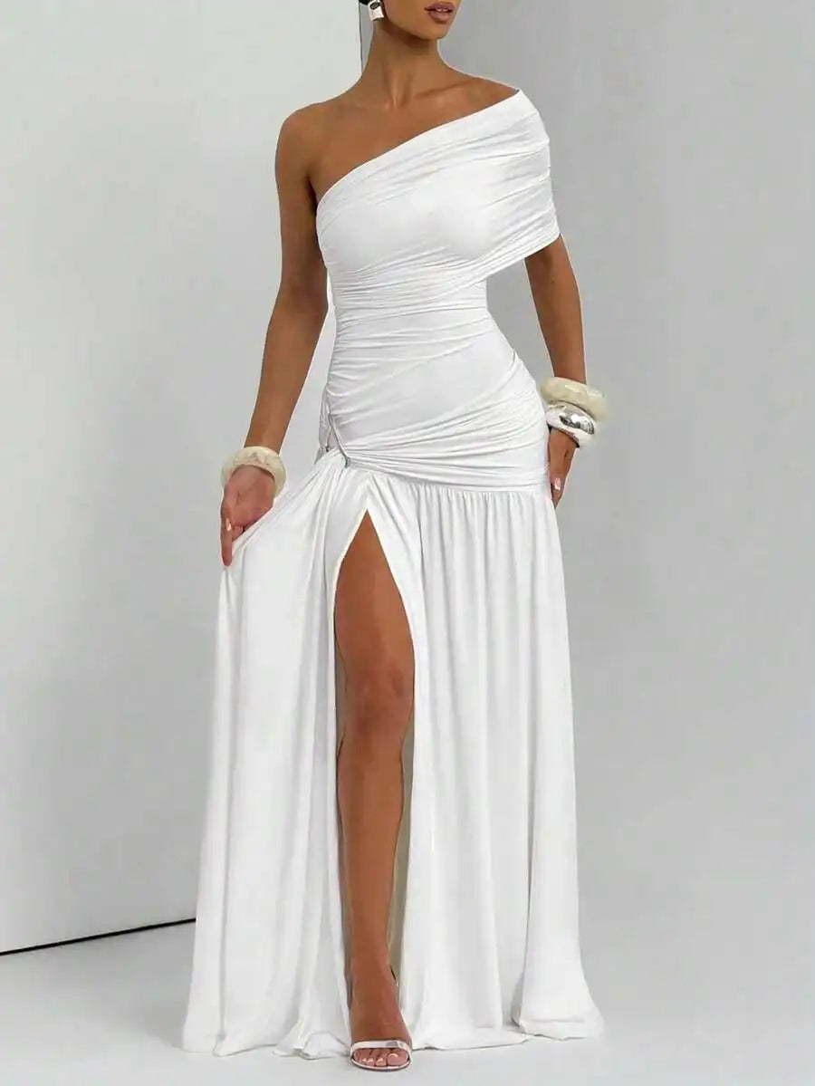 Elegant White One-Shoulder Draped Ruched Maxi Dress With High Slit