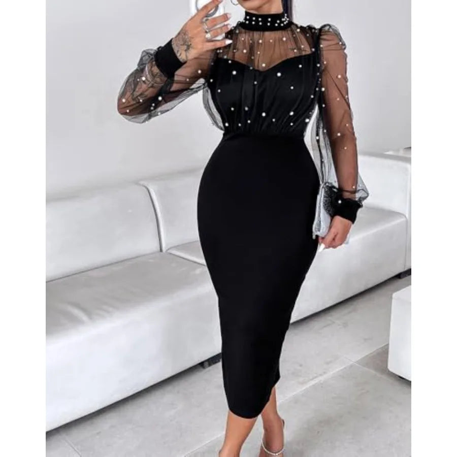 Women's Sexy Bodycon Midi Dress Mock Neck Long Sleeve Sheer Dresses Beaded Night Club Party Dresses