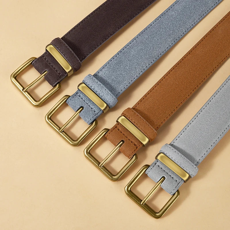 Luxury Suede Cowhide Leather Belt with Gold Buckle, 3.5cm Wide Waistband