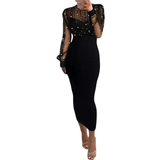 Women's Sexy Bodycon Midi Dress Mock Neck Long Sleeve Sheer Dresses Beaded Night Club Party Dresses