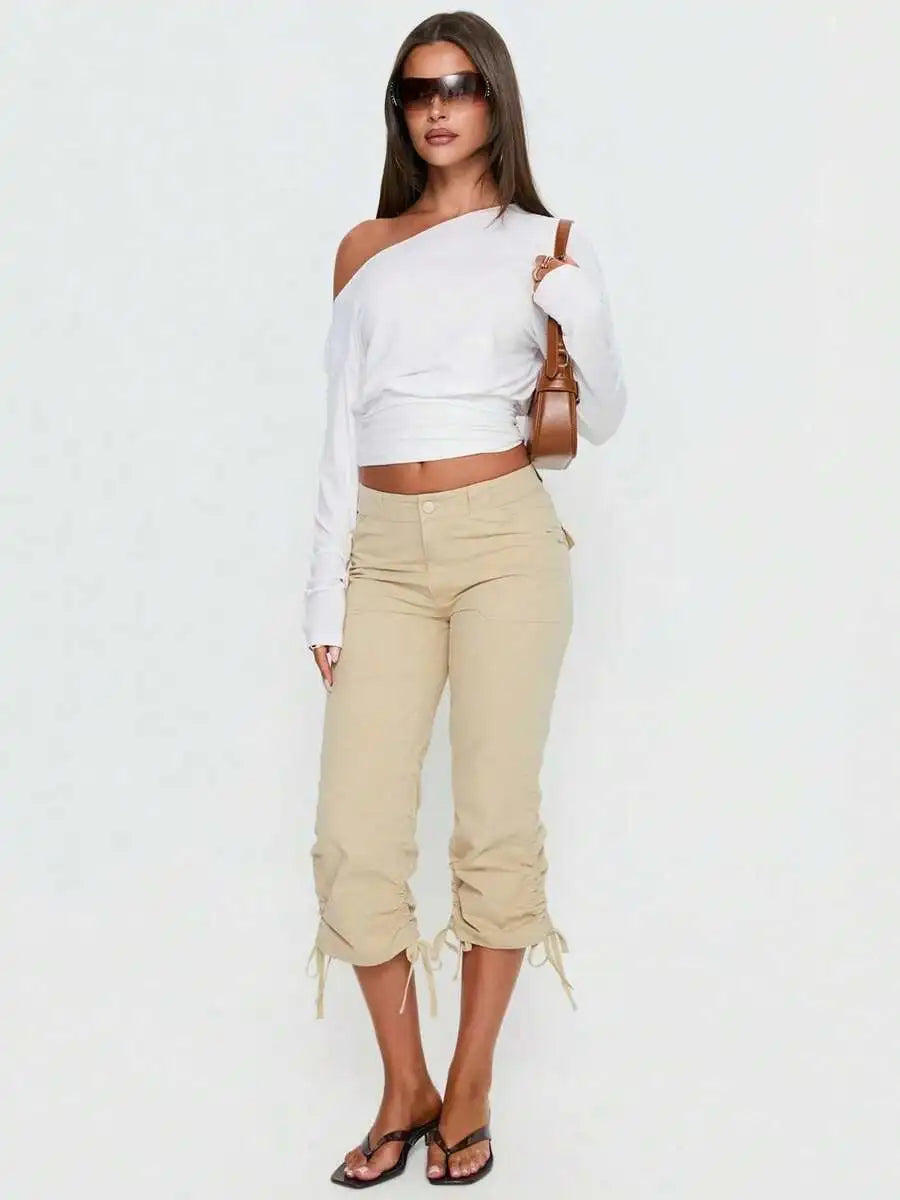 Women Y2K Retro Streetwear Capri Pants Drawstring Cuff Solid Color Slim Fit Cropped Cargo Trousers