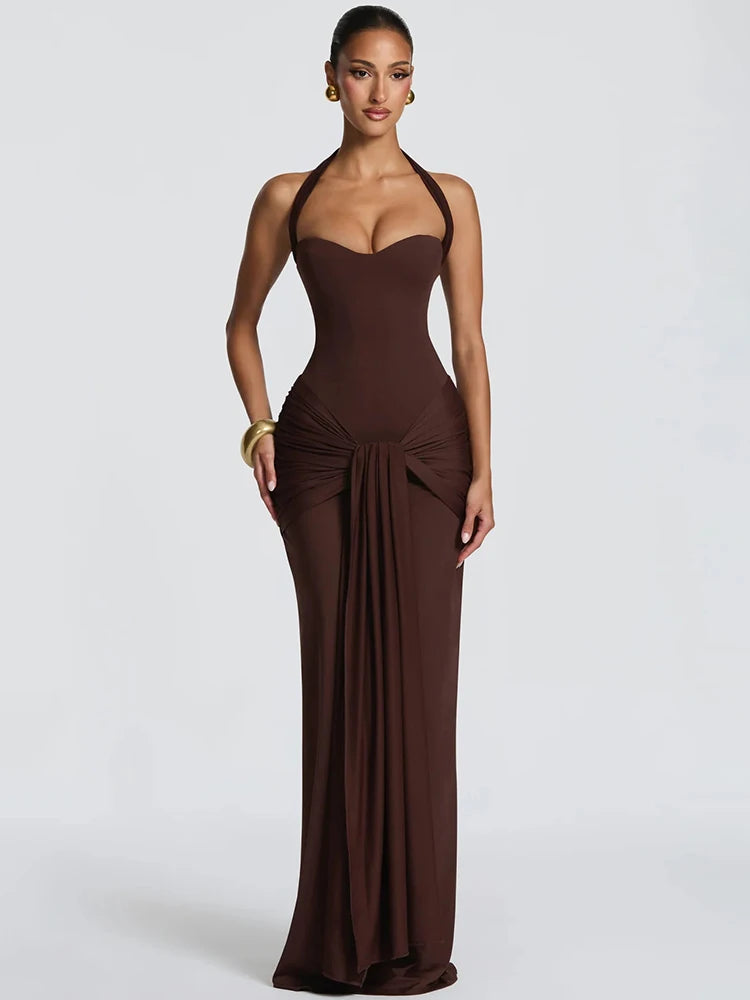 Mozision Halter Backless Sexy Maxi Dress Women Elegant Sleeveless Ruched Waist Draped Bodycon Club Party Evening Cocktail Dress