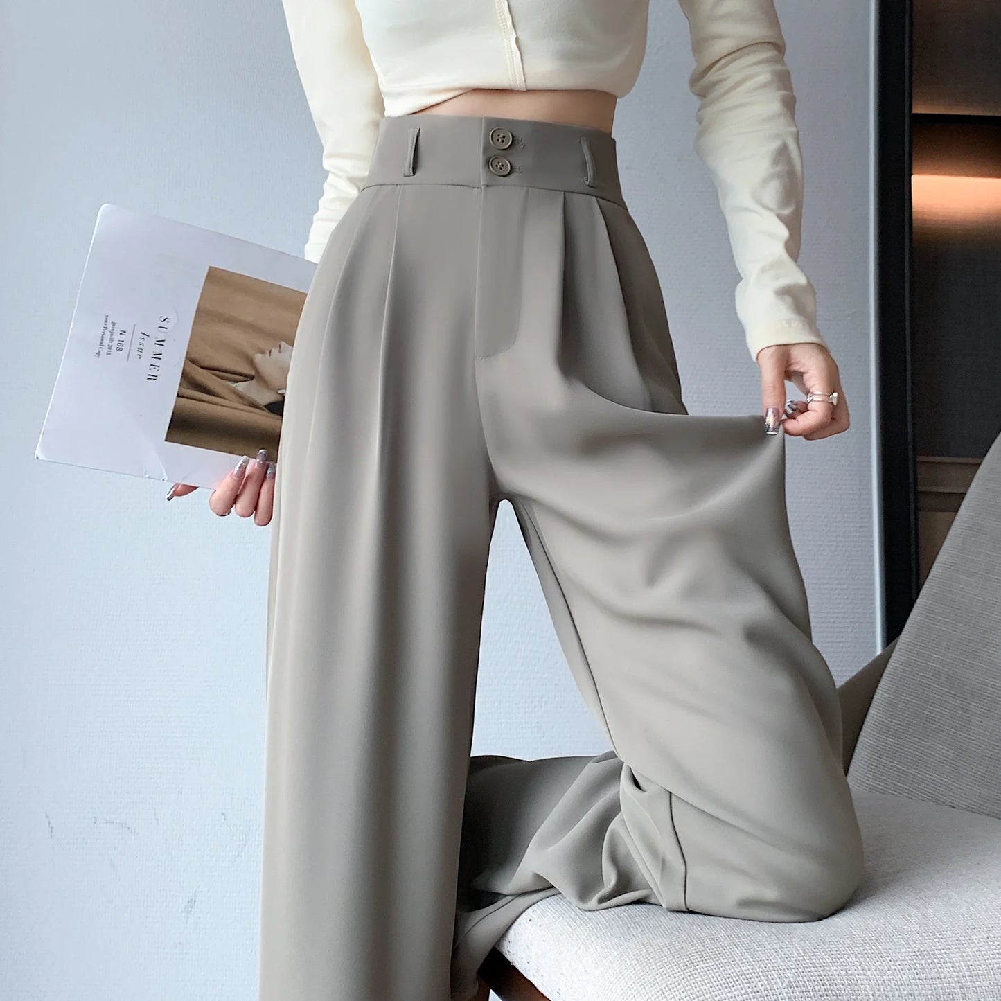 Spring Summer White High Waist Suit Wide Leg Women's Pants Female 2026 New Buttons Elegant Minimalism Straight Loose Trousers