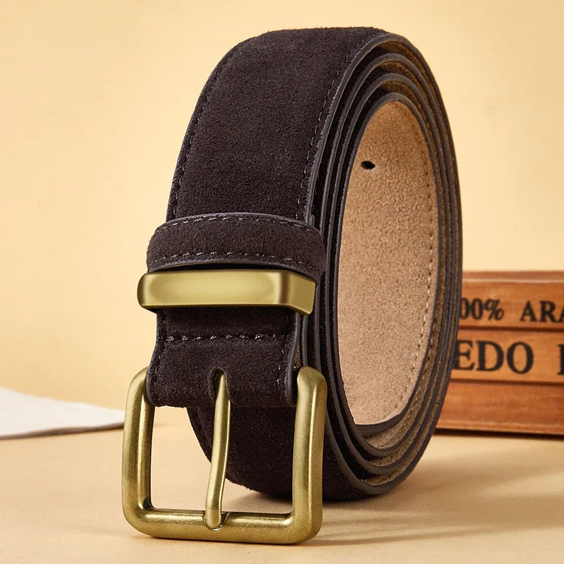 Luxury Suede Cowhide Leather Belt with Gold Buckle, 3.5cm Wide Waistband