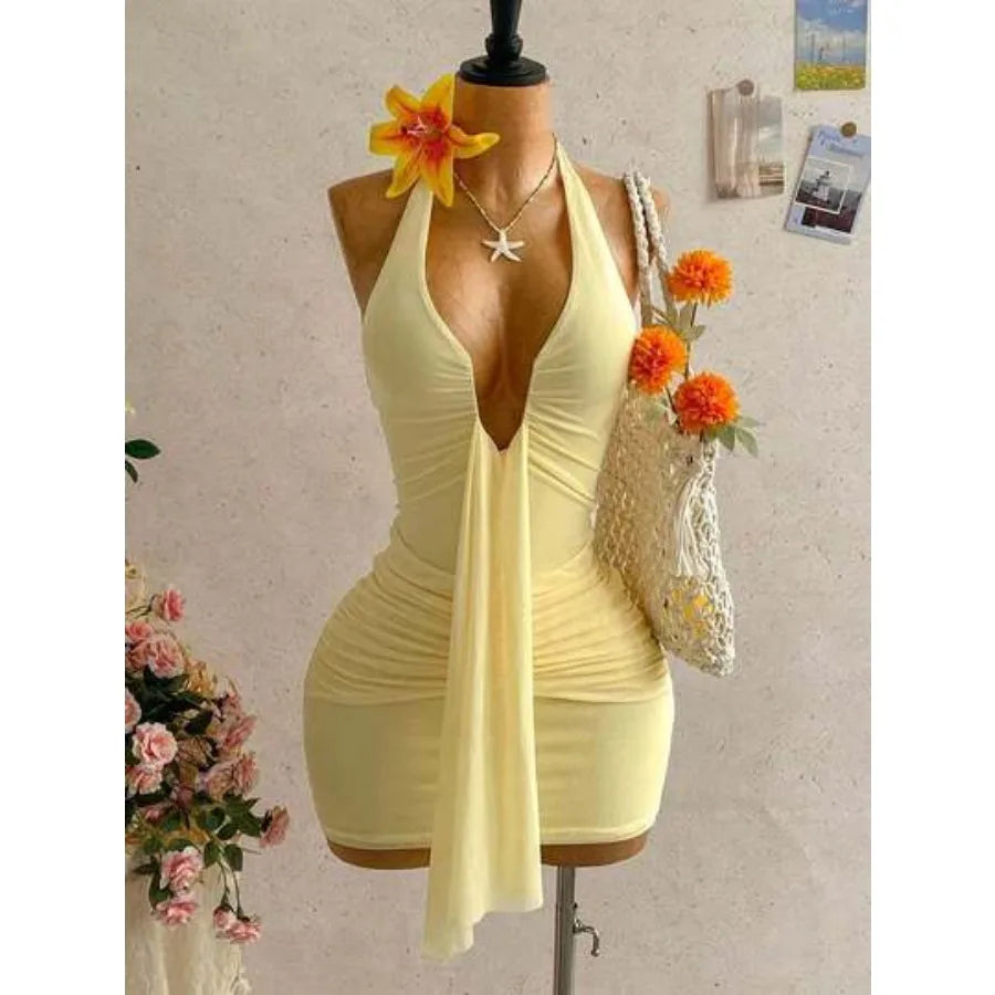 【New style】Women's Casual Vacation Sexy V-Neck Ribbon Halter Bow Tie Ruched Mini Dress, Suitable For Beach, Cruise, Resort