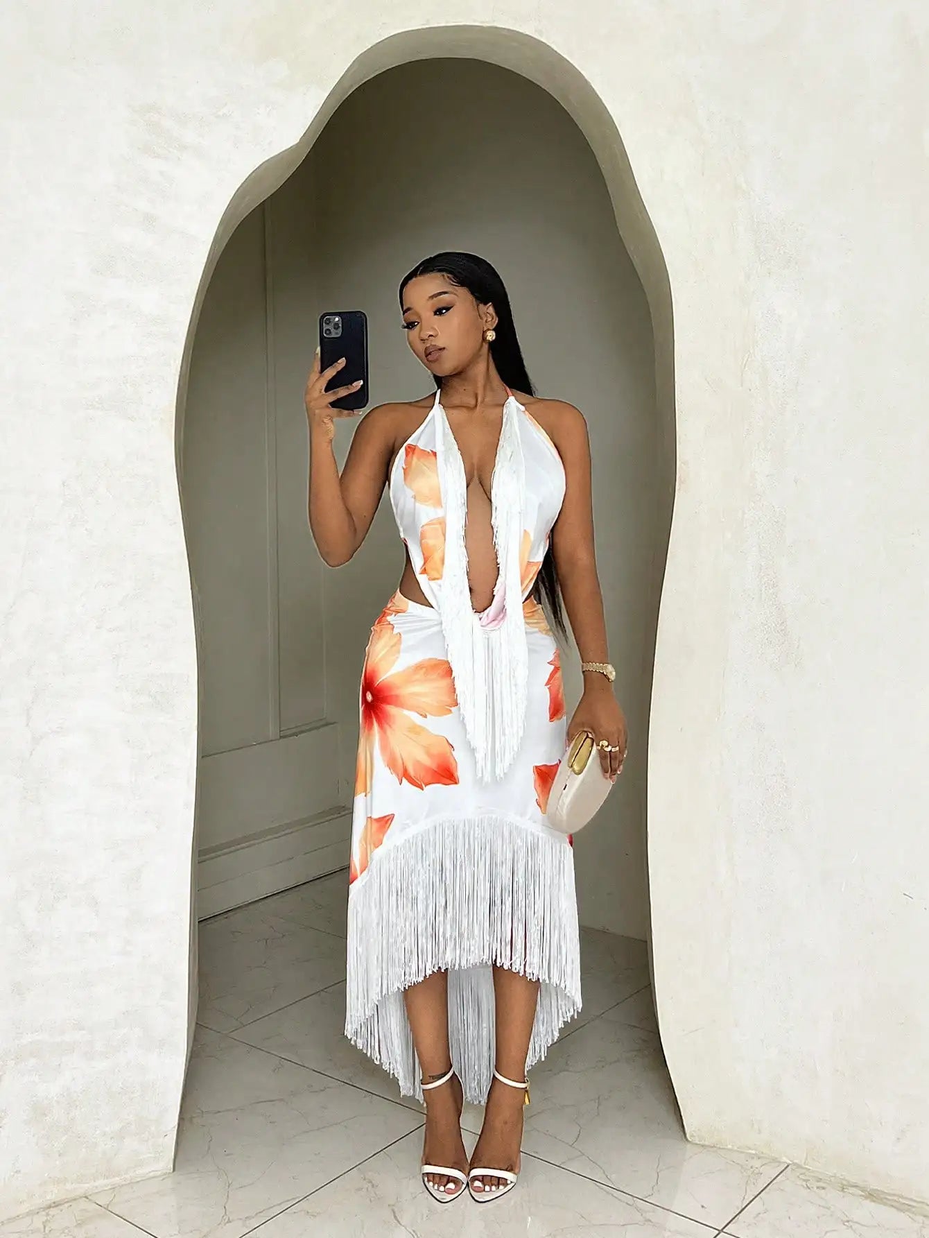 Women's Halter Tie Backless Floral Print Tassel Mid-Length Dress Summer Vacation Outfit