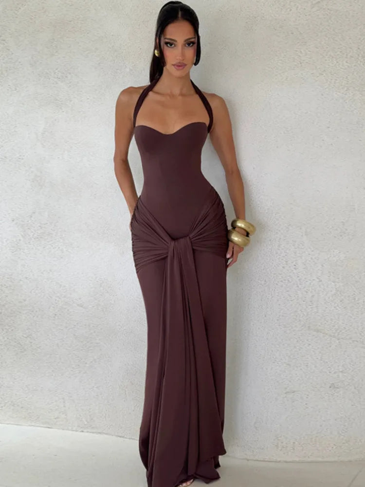Mozision Halter Backless Sexy Maxi Dress Women Elegant Sleeveless Ruched Waist Draped Bodycon Club Party Evening Cocktail Dress