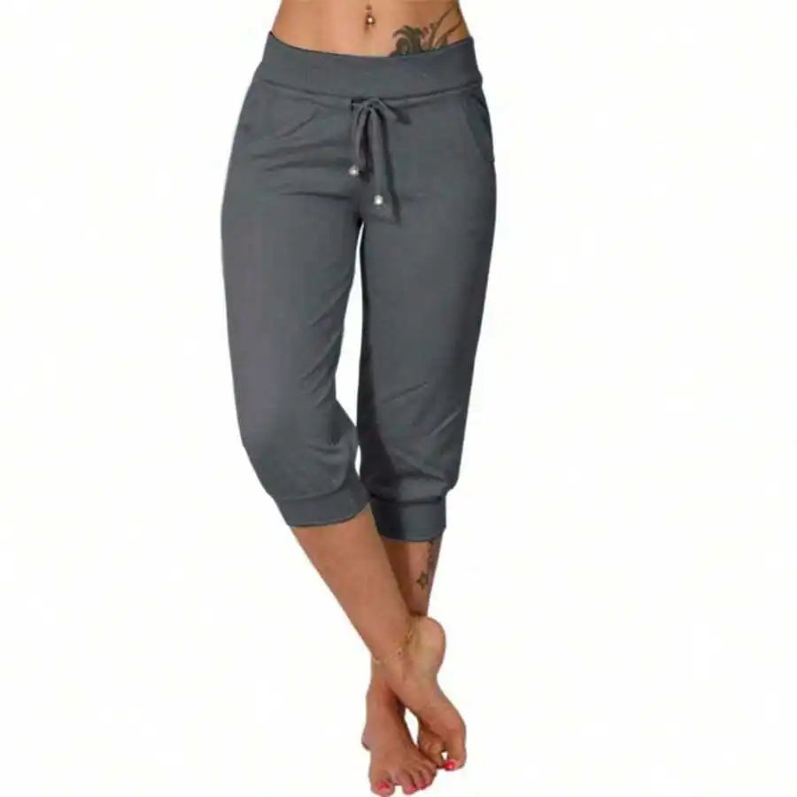 High Waist Loose Drawstring Capri Pants Women Cotton Linen Knee Length Casual Summer Pants