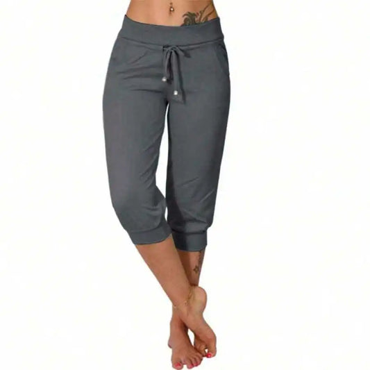 High Waist Loose Drawstring Capri Pants Women Cotton Linen Knee Length Casual Summer Pants