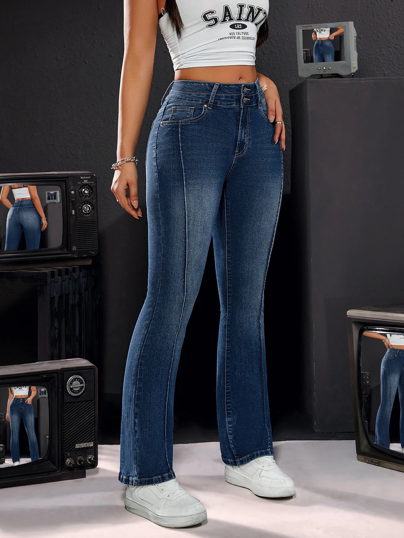Women's High-Waisted Stretch Denim Straight Leg Jeans