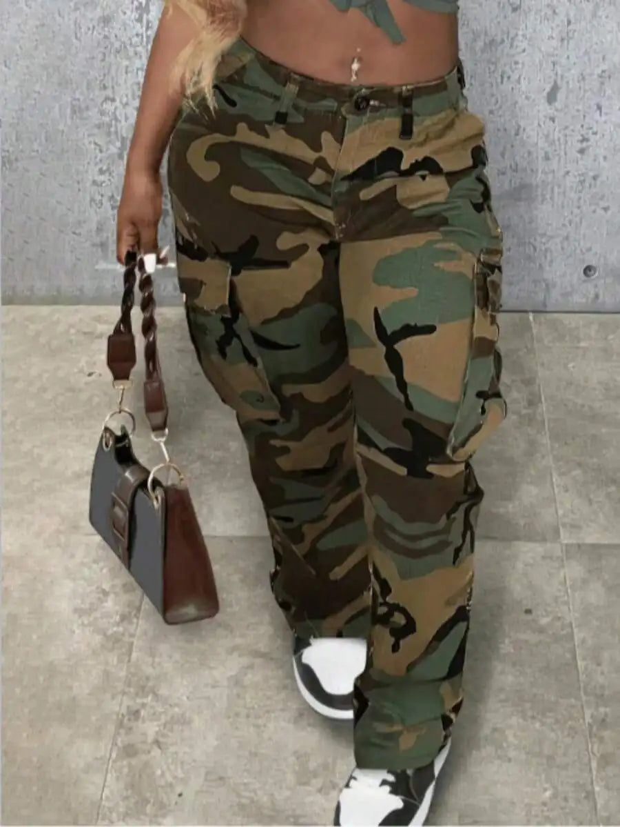 Womens High-Waist Camo Print Cargo Pants Stretchy Casual Jogger Pants With Pockets