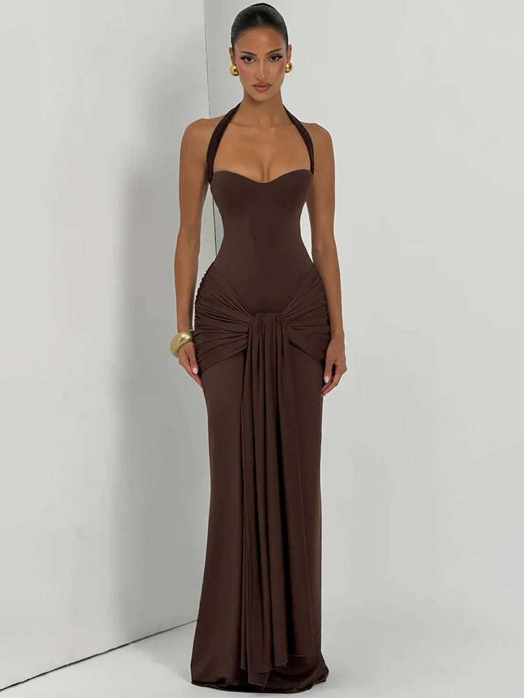 Mozision Halter Backless Sexy Maxi Dress Women Elegant Sleeveless Ruched Waist Draped Bodycon Club Party Evening Cocktail Dress