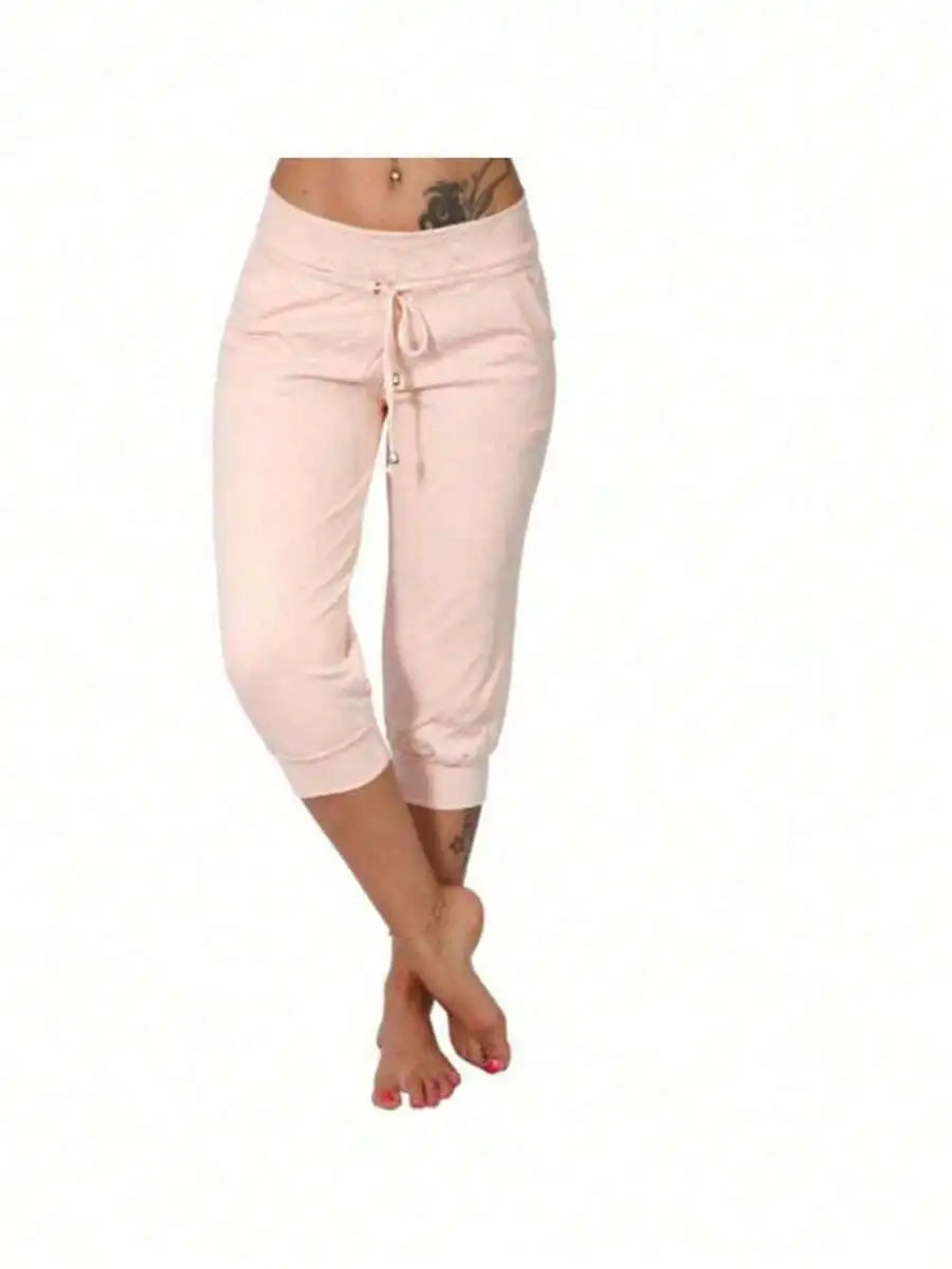 High Waist Loose Drawstring Capri Pants Women Cotton Linen Knee Length Casual Summer Pants