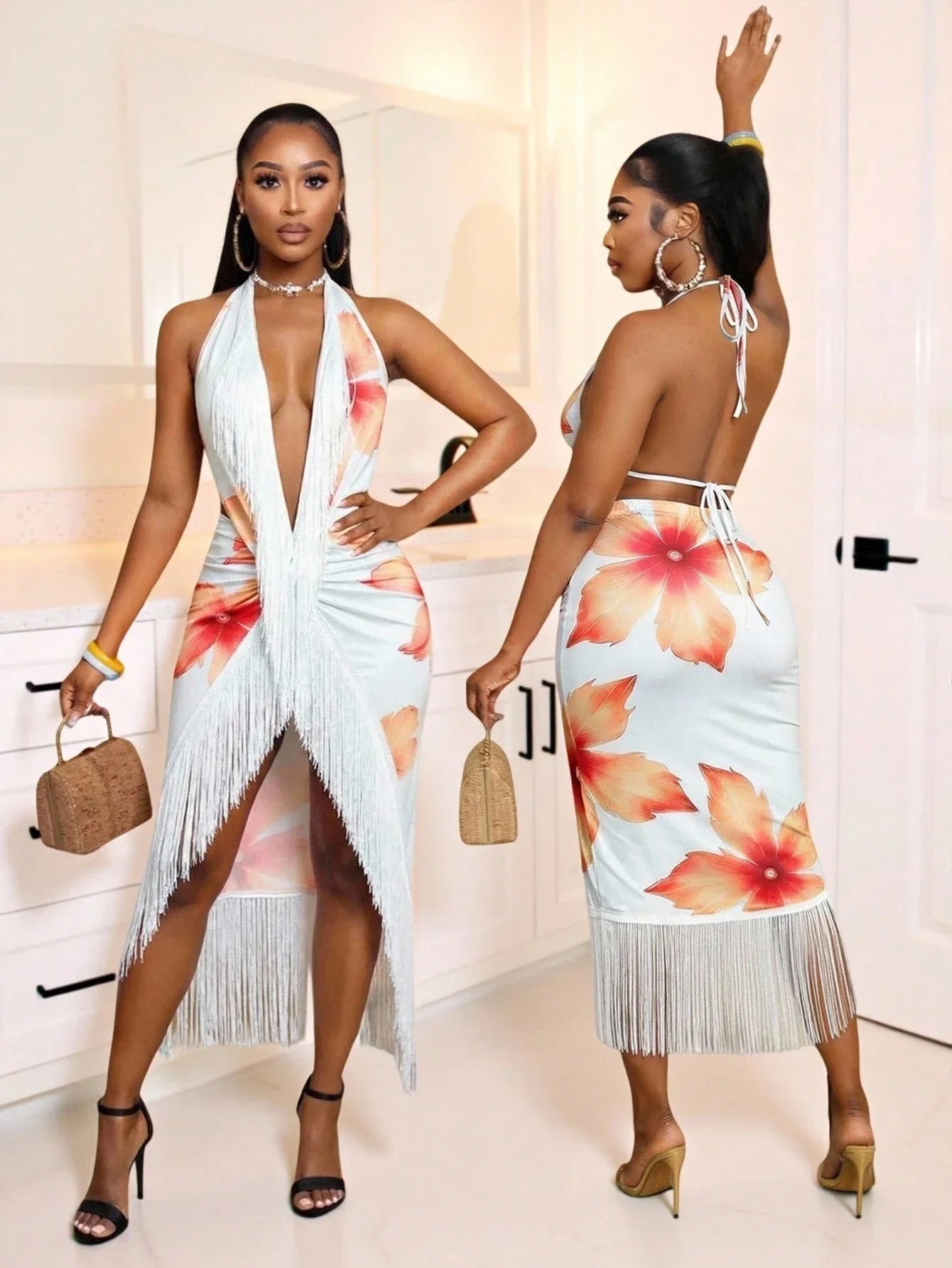 Women's Halter Tie Backless Floral Print Tassel Mid-Length Dress Summer Vacation Outfit