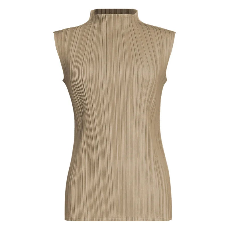 Miyake Pleated Elegant Fashion Temperament Solid Color Half High Neck Sleeveless Women's Vest 2026 Summer New Breathable Top