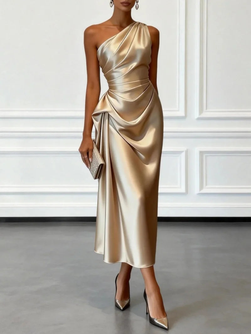 One Shoulder Satin Midi Dress With Ruched Waist Elegant Sleeveless Party Gown