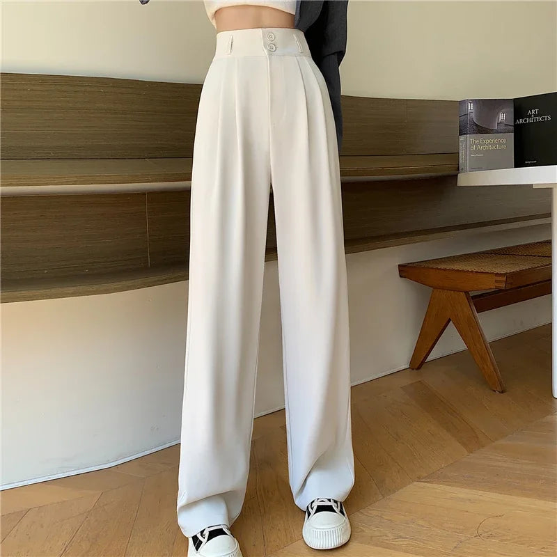 Spring Summer White High Waist Suit Wide Leg Women's Pants Female 2026 New Buttons Elegant Minimalism Straight Loose Trousers