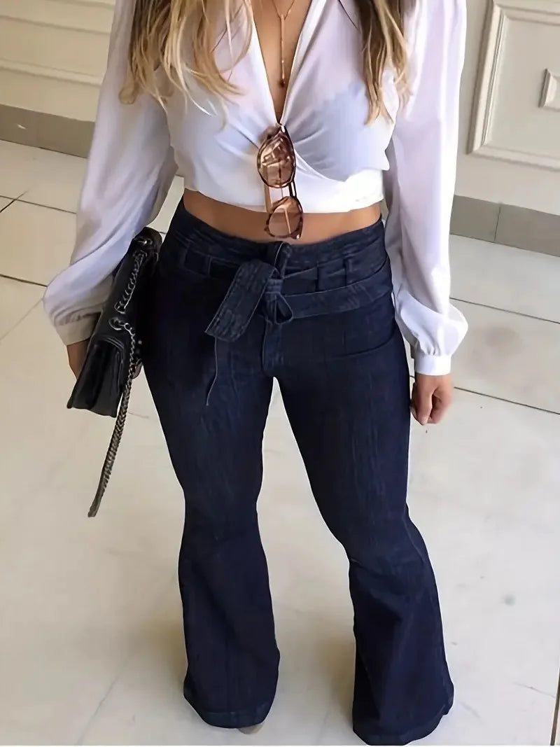 Ladies Deep Blue High Waist Bell Bottom Jeans