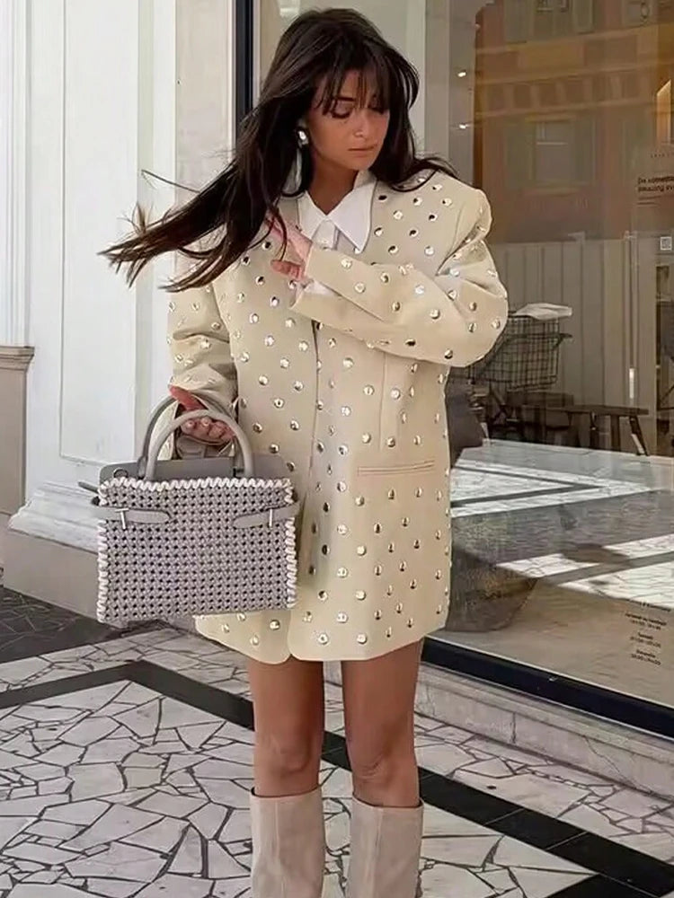 SLTNX Women's Rivet Decoration Casual Blazer Long Sleeve V Neck Beige Spring Fall Coat