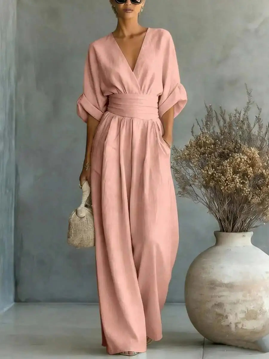 Elegant V-Neck Wide Leg Jumpsuit High Waist Ruched Office Wear
