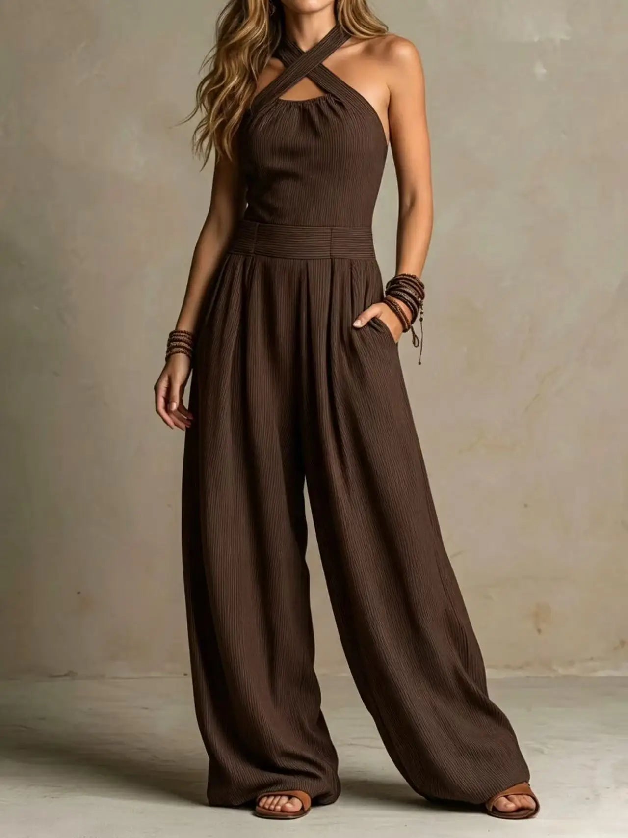 Elegant One Pieces Women Orange Crisscross Halter Jumpsuit Sleeveless Wide Leg Long Pants Rompers for Daily Vacation Streetwear