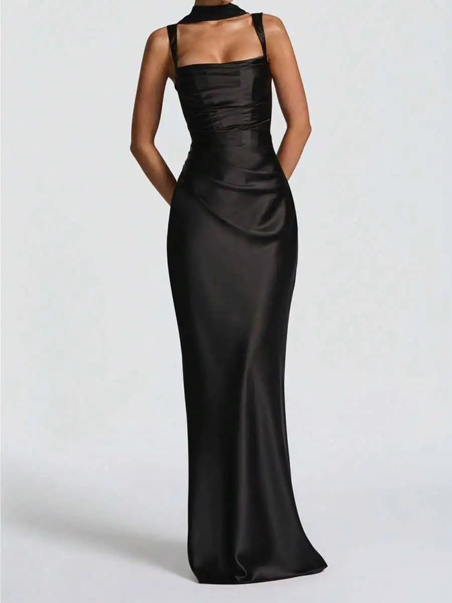 Elegant Satin Cinching Waist Slip Dress Long Gown For Prom Cocktail Formal Event