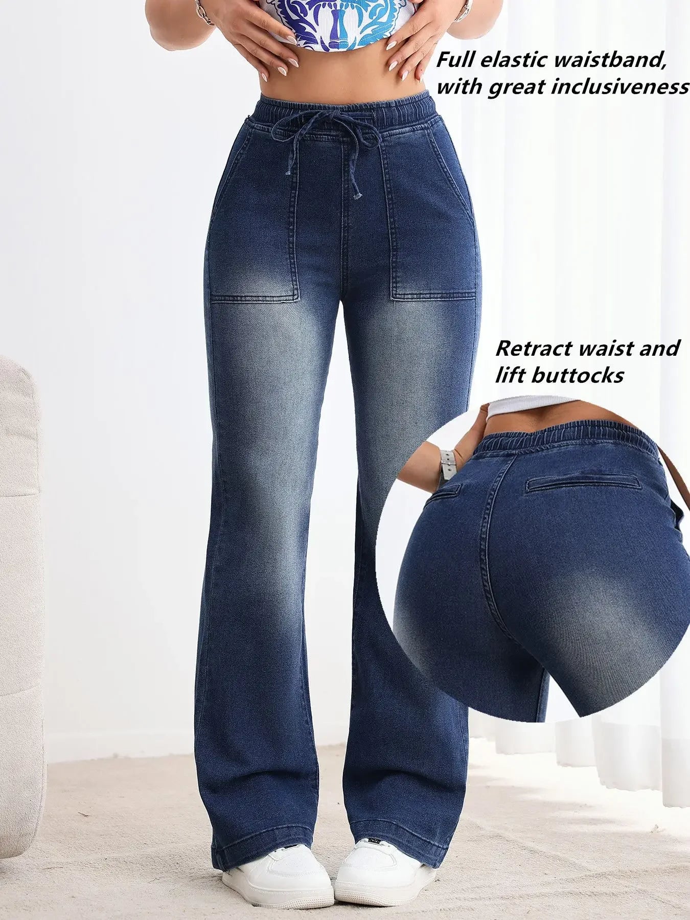 Women Baggy Jeans Elastic Waist Retro Loose Fit Denim Pants