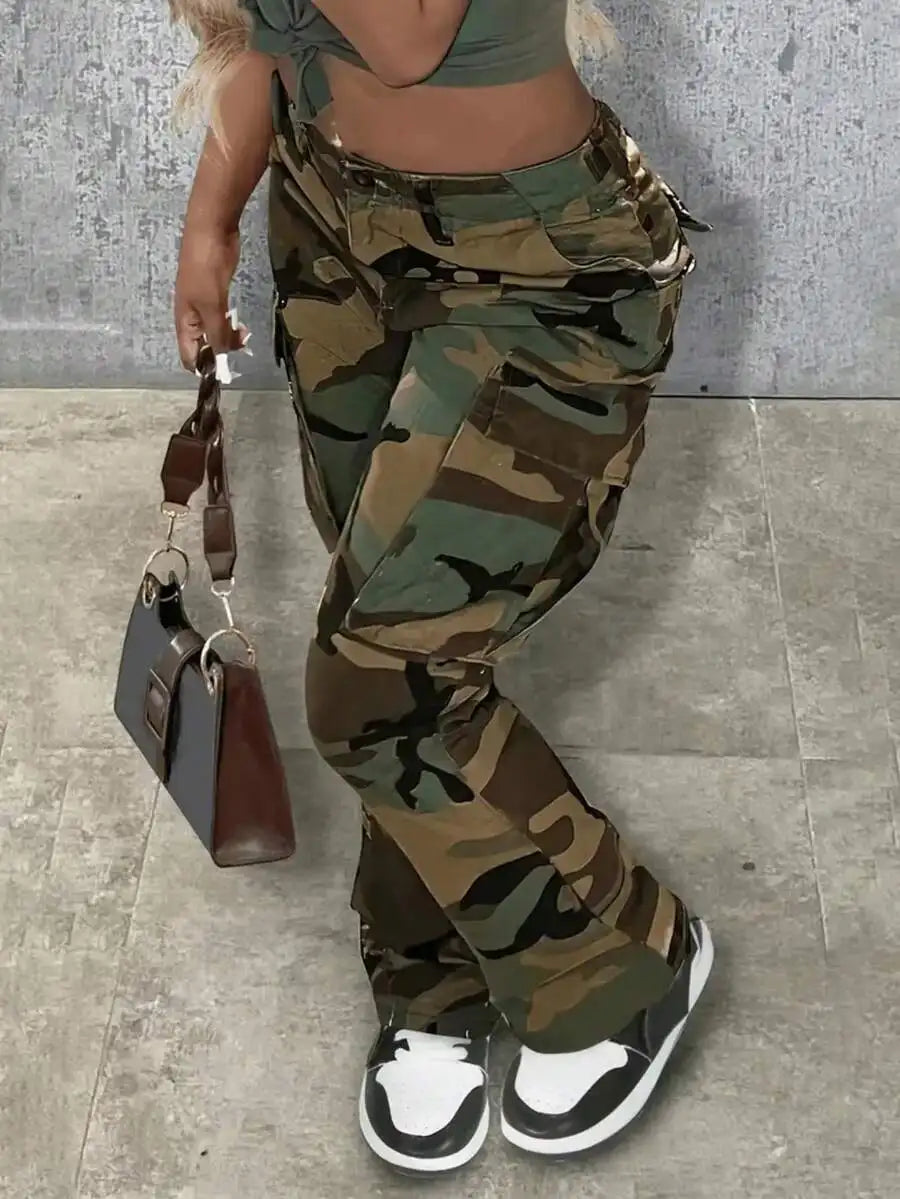 Womens High-Waist Camo Print Cargo Pants Stretchy Casual Jogger Pants With Pockets
