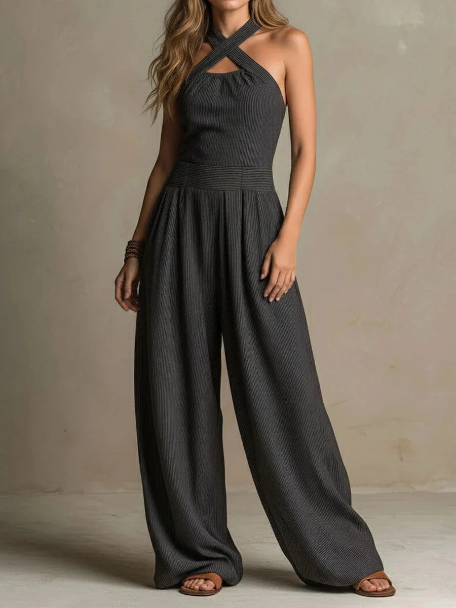 Elegant One Pieces Women Orange Crisscross Halter Jumpsuit Sleeveless Wide Leg Long Pants Rompers for Daily Vacation Streetwear
