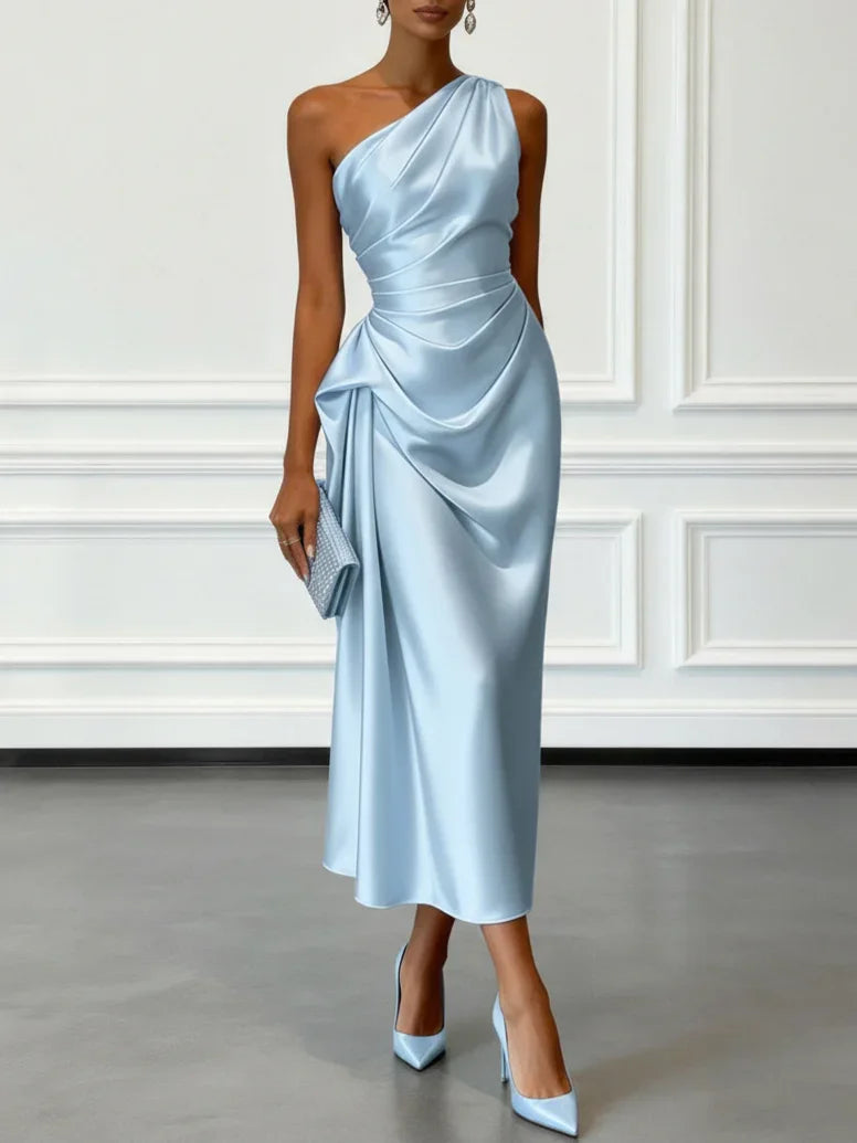 One Shoulder Satin Midi Dress With Ruched Waist Elegant Sleeveless Party Gown