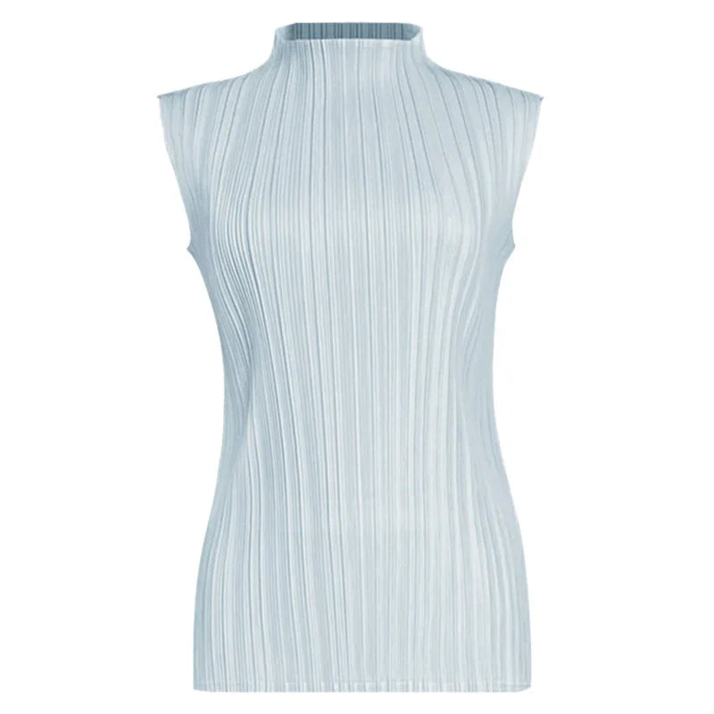 Miyake Pleated Elegant Fashion Temperament Solid Color Half High Neck Sleeveless Women's Vest 2026 Summer New Breathable Top