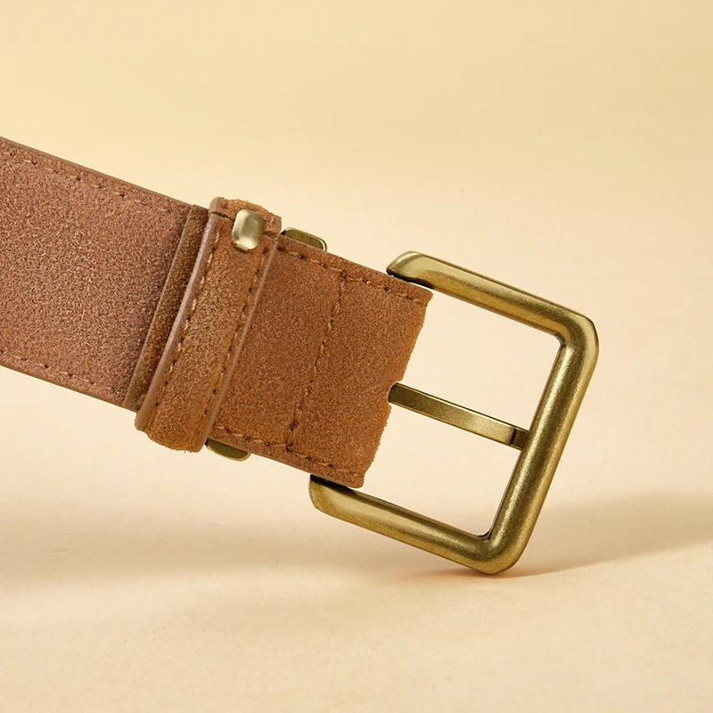 Luxury Suede Cowhide Leather Belt with Gold Buckle, 3.5cm Wide Waistband