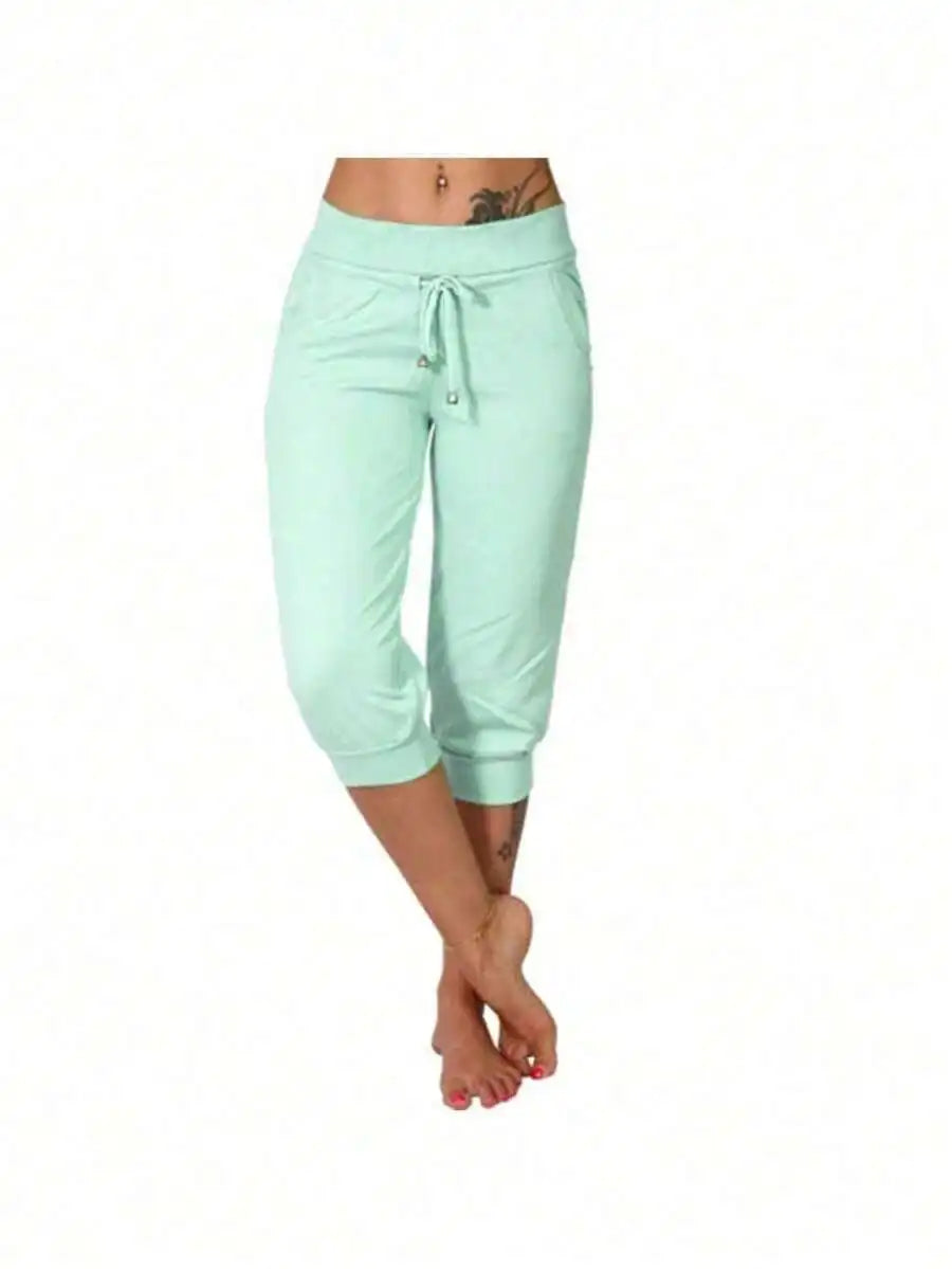 High Waist Loose Drawstring Capri Pants Women Cotton Linen Knee Length Casual Summer Pants