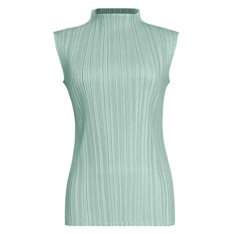 Miyake Pleated Elegant Fashion Temperament Solid Color Half High Neck Sleeveless Women's Vest 2026 Summer New Breathable Top