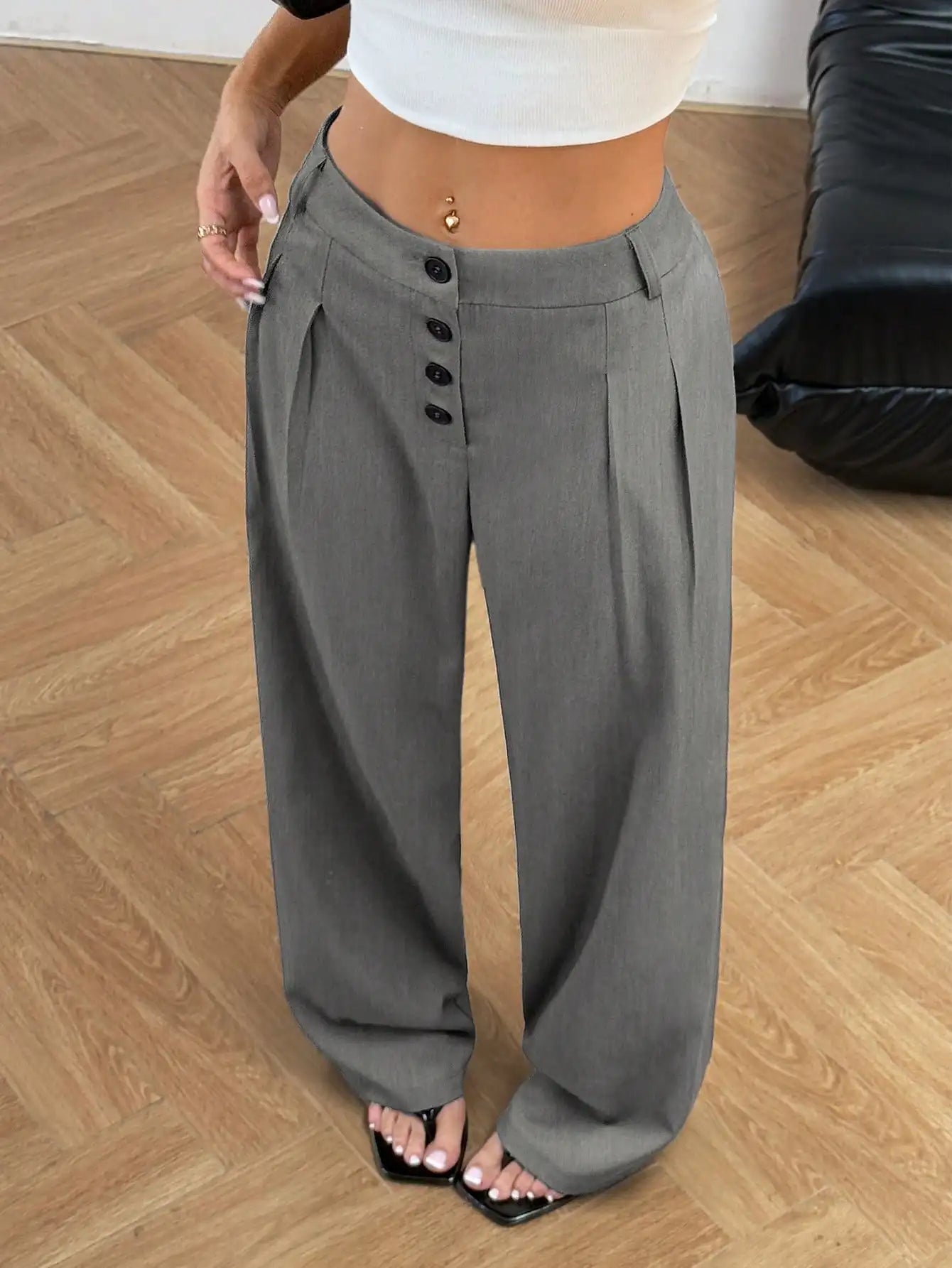 Women Solid Button Front Pleated Wide Leg Loose Casual Pants For Work Commute