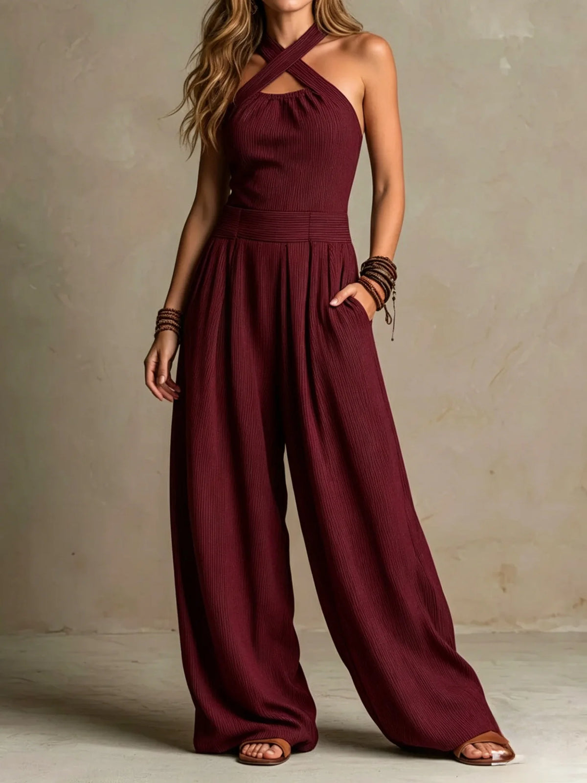 Elegant One Pieces Women Orange Crisscross Halter Jumpsuit Sleeveless Wide Leg Long Pants Rompers for Daily Vacation Streetwear