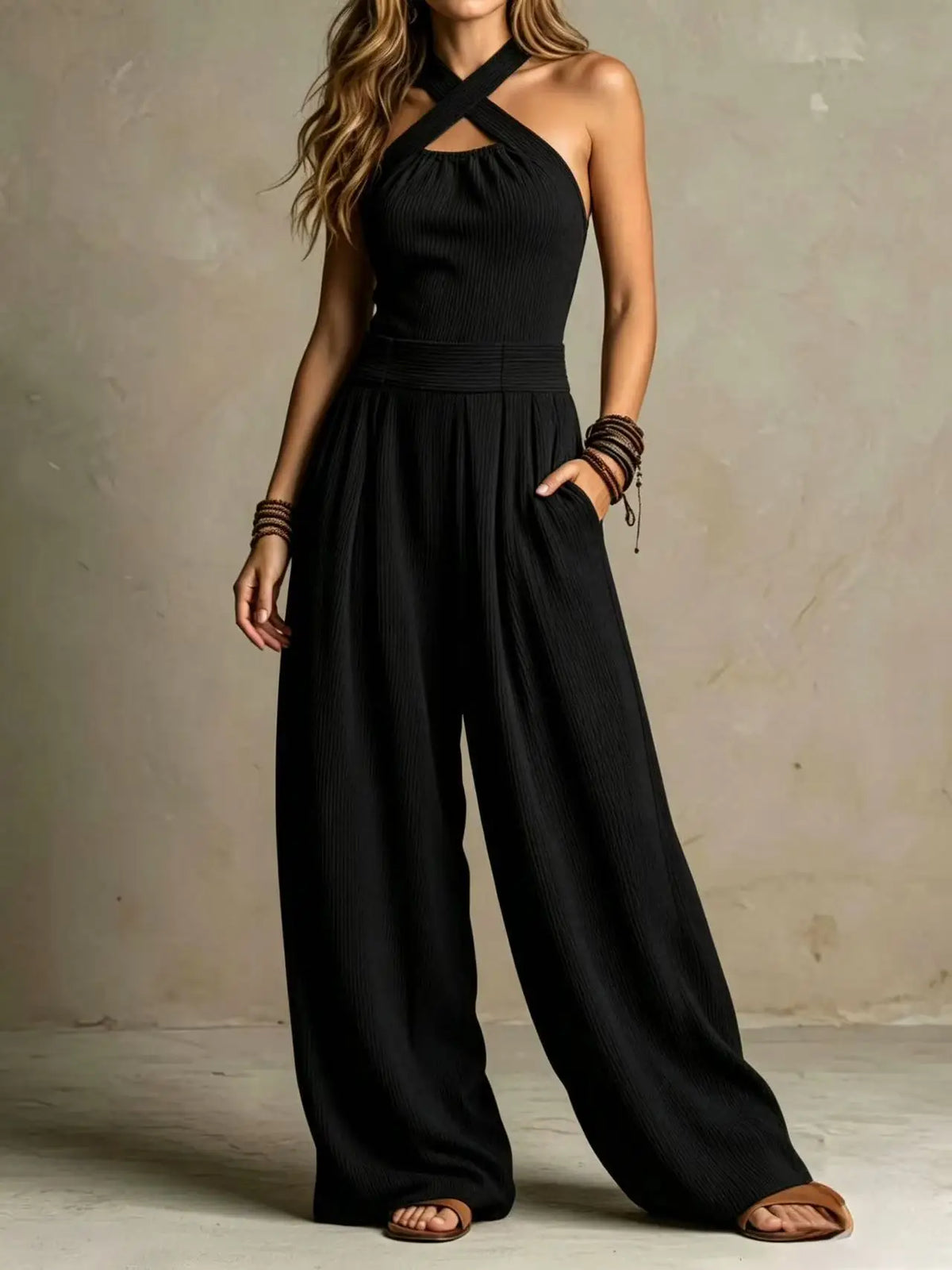 Elegant One Pieces Women Orange Crisscross Halter Jumpsuit Sleeveless Wide Leg Long Pants Rompers for Daily Vacation Streetwear