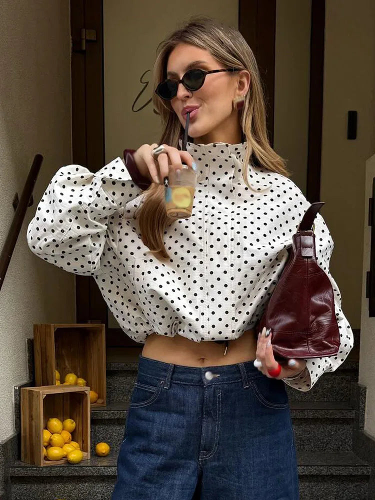 HH Woman Autumn Long Sleeves Turtleneck Zipper With Pockets Drawstring Casual Coats Women Fashion Polka Dot Printed Jacket