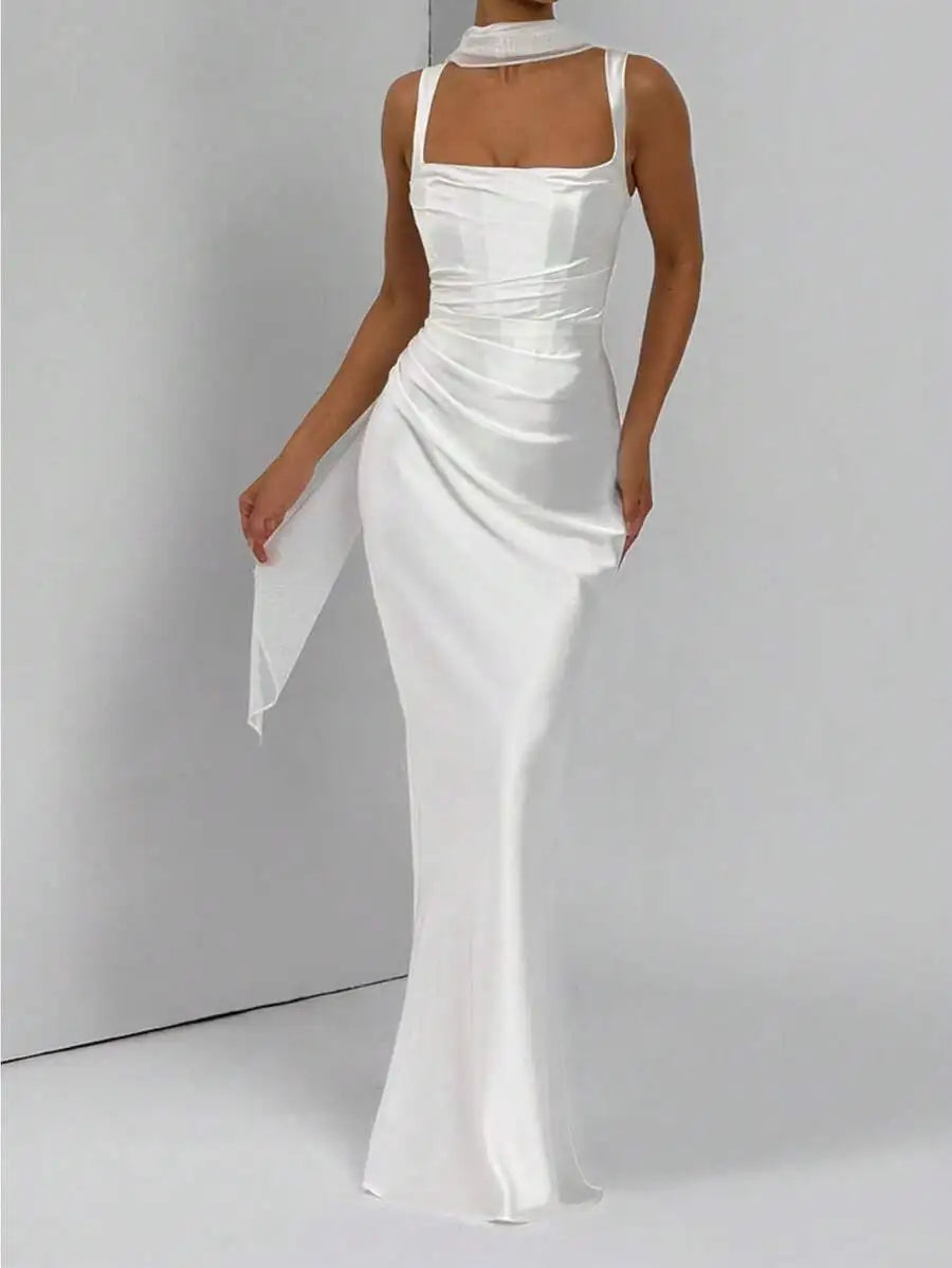 Elegant Satin Cinching Waist Slip Dress Long Gown For Prom Cocktail Formal Event