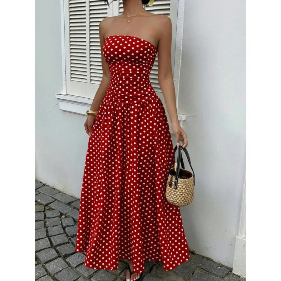 2026 - European and American spring and autumn   vacation style temperament slimming polka dot tube top jumpsuit cake skirt lon