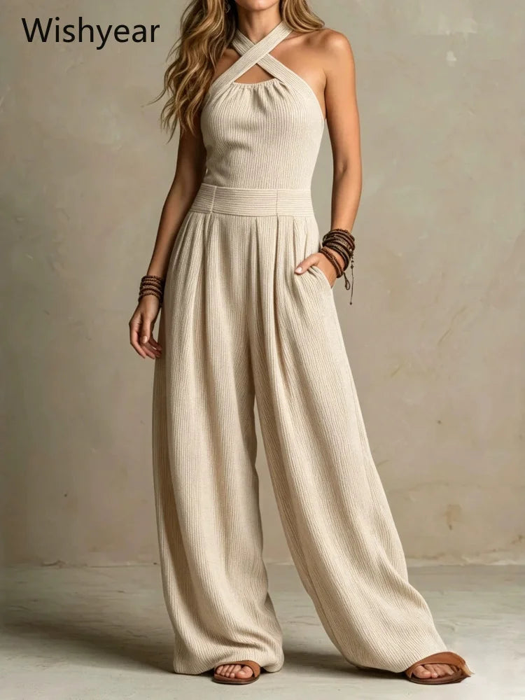 Elegant One Pieces Women Orange Crisscross Halter Jumpsuit Sleeveless Wide Leg Long Pants Rompers for Daily Vacation Streetwear