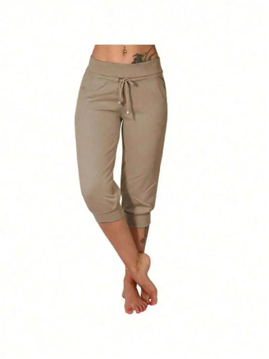 High Waist Loose Drawstring Capri Pants Women Cotton Linen Knee Length Casual Summer Pants