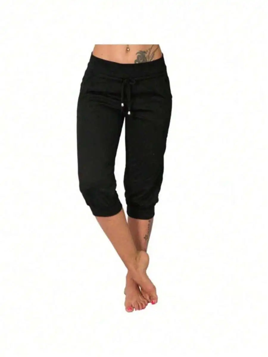 High Waist Loose Drawstring Capri Pants Women Cotton Linen Knee Length Casual Summer Pants