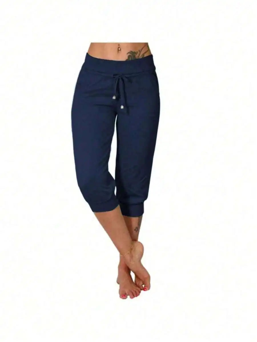 High Waist Loose Drawstring Capri Pants Women Cotton Linen Knee Length Casual Summer Pants