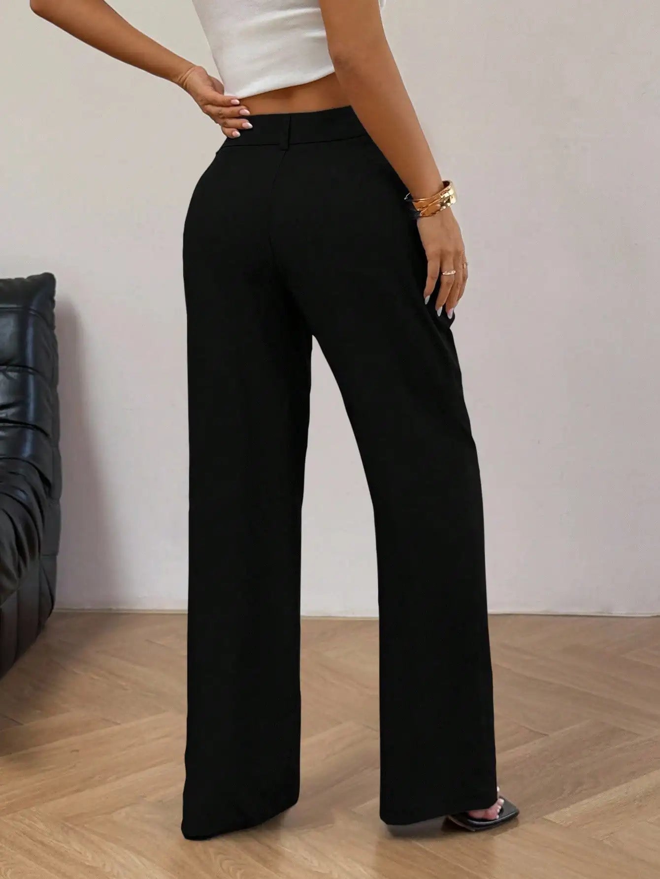 Women Solid Button Front Pleated Wide Leg Loose Casual Pants For Work Commute