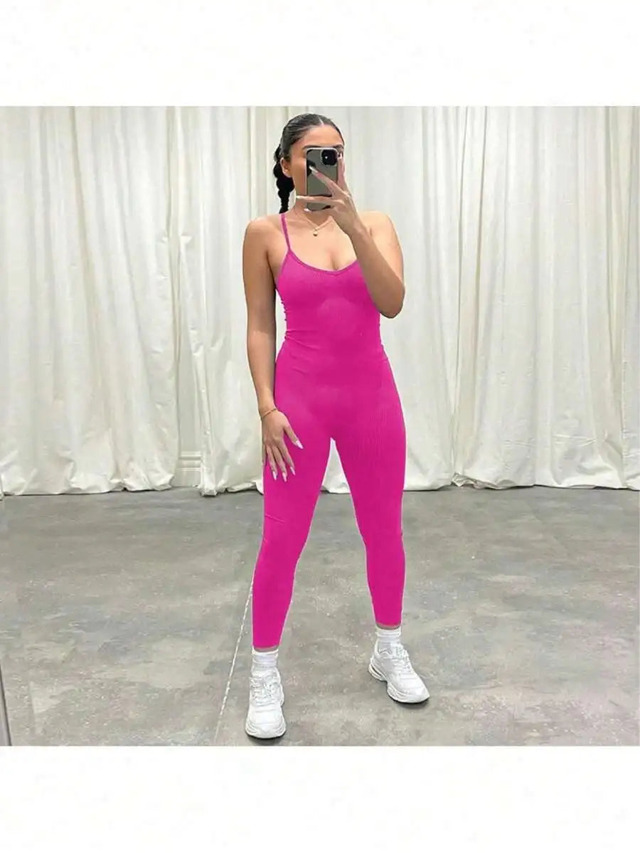 Sleeveless Backless Slim Fit Jumpsuit For Women Solid Color Sporty Workout Bodysuit