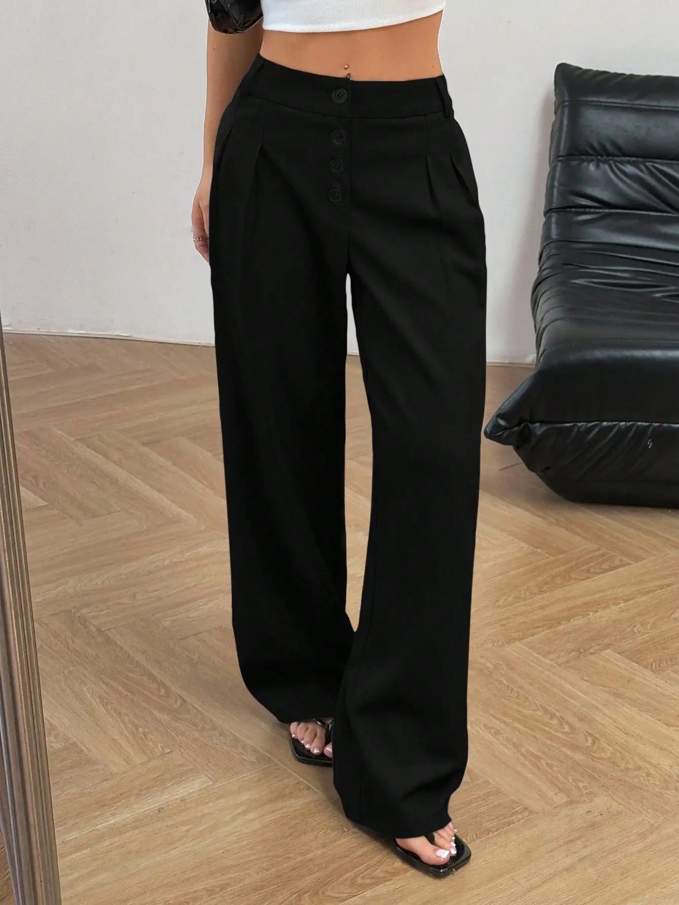 Women Solid Button Front Pleated Wide Leg Loose Casual Pants For Work Commute