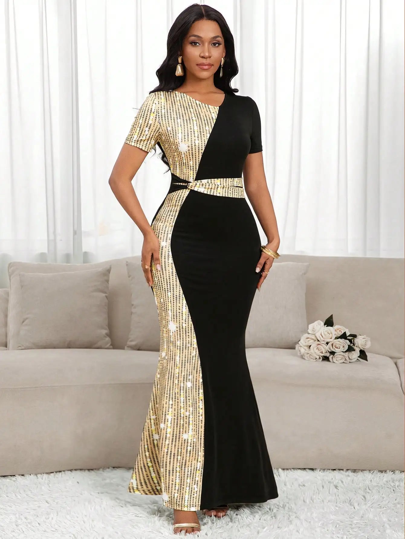 Elegant Black & Gold Sequin Dress