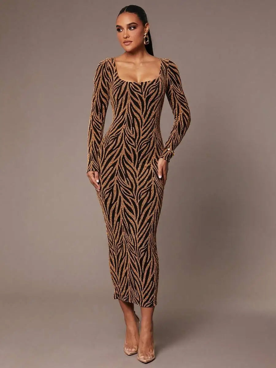 Elegant Glitter Long Sleeve Square Neck Slim Fit Party Dress For Women